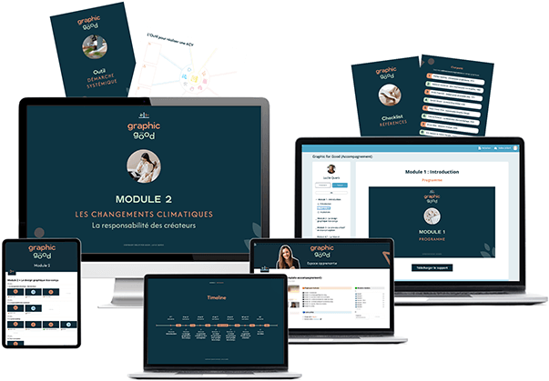 Cette image montre plusieurs dispositifs (smartphone, tablette, ordinateur de bureau et ordinateur portable) affichant le contenu de la formation Graphic for Good, la seule formation pour minimiser l'impact de ses créations sur la planète grâce à l'éco-conception graphique. Ce cours est composé de 6 modules à visionner sur 12 semaines. Il contient des vidéos, des supports, des exercices, des templates, un espace apprenant et apprenante, un groupe de discussion et des rendez-vous en ligne. Un écran montre la plteforme de formation. Un autre montre une présentation d'un module. Un suivant montre l'espace apprenant sur Notion. On y trouve des cas pratiques, des conseils, des exemples pour créer des projets graphiques écologiques et responsables.

